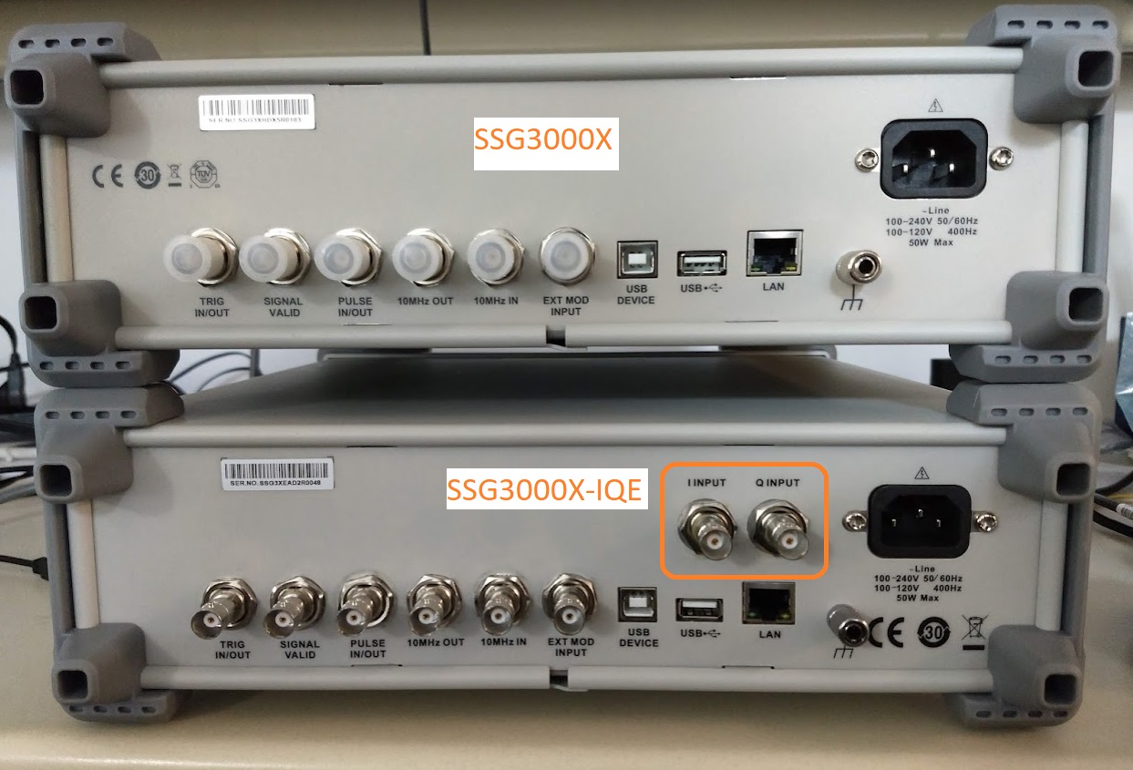 rear panel view of the SIGLENT SSG3000X SSG3000X-IQE RF signal sources with highlighted differences